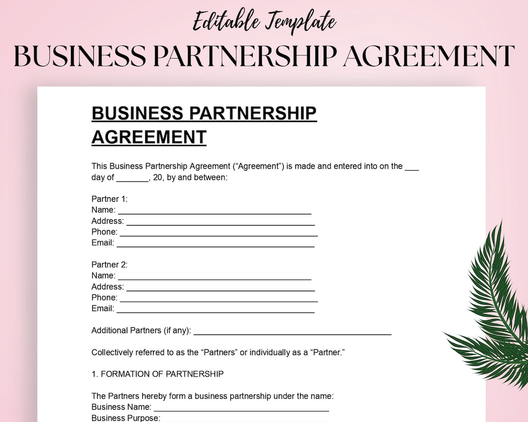Business Partnership Agreement Template: Editable DOC & PDF (instant ...