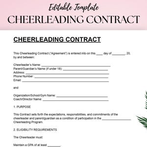 May include: A white Cheerleading Contract template with the title "CHEERLEADING CONTRACT" in bold black letters. The document includes fillable fields for the cheerleader's name, address, and contact information. The document is on a pink background with a green leaf design.