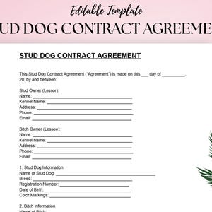 Puede incluir: Un documento blanco titulado "STUD DOG CONTRACT AGREEMENT" con campos rellenables para los dueños de perros sementales y perras, información del perro y detalles del acuerdo. El documento tiene un fondo rosa con un diseño de hoja verde.
