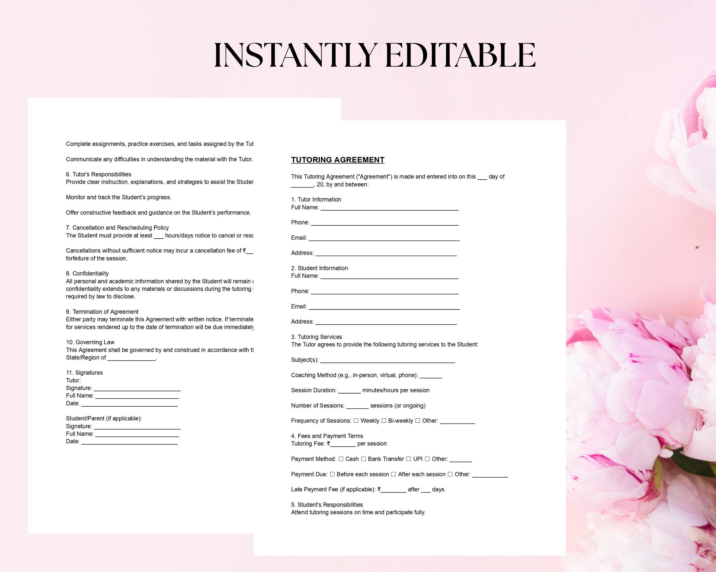 Tutoring Agreement Template | Private Tutor Contract | Editable Word ...