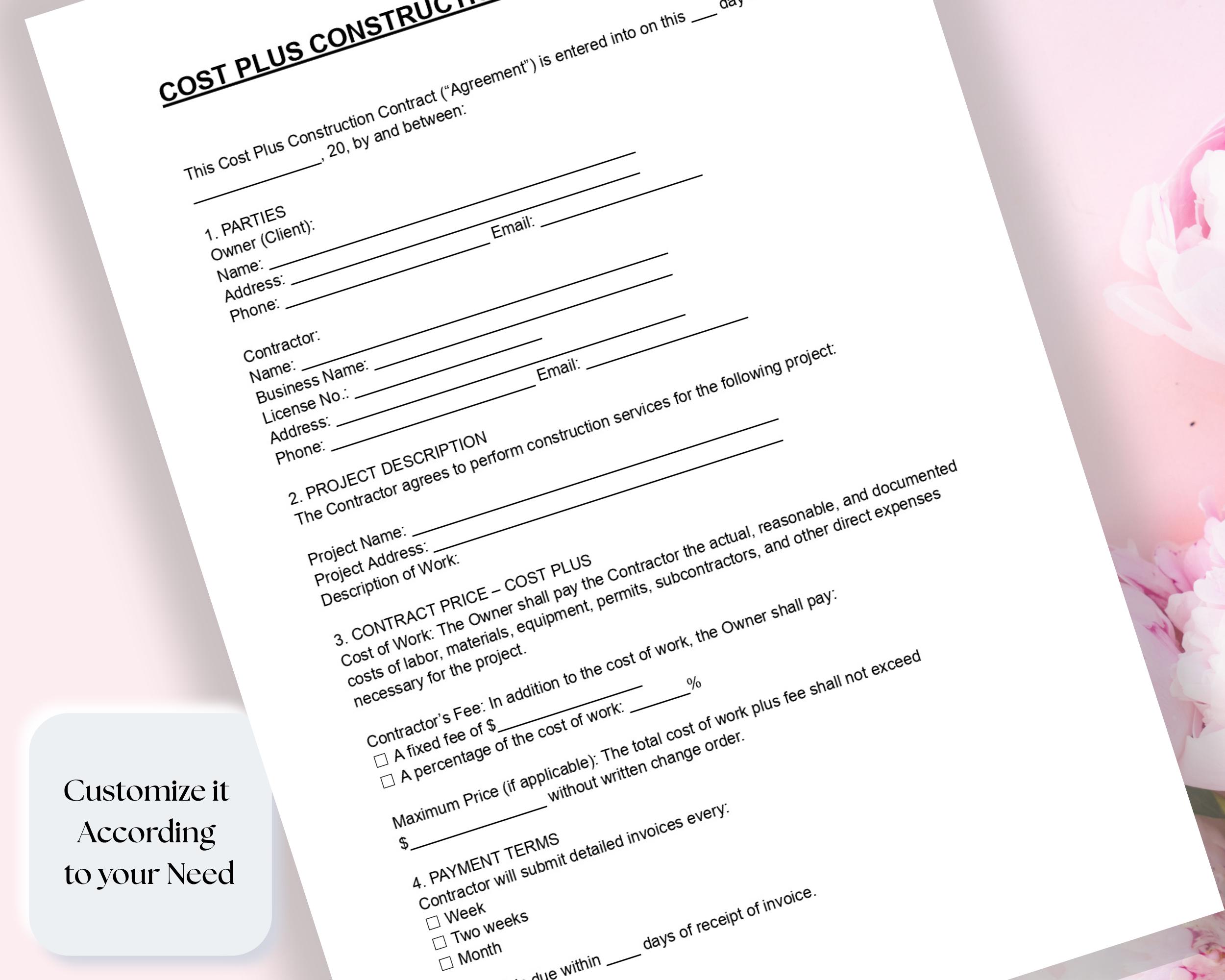 Cost Plus Construction Contract Template | Editable Word and PDF ...