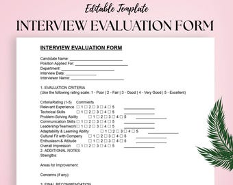 Interview Evaluation Form Template | Candidate Review & Assessment Sheet | Editable Word , PDF Document