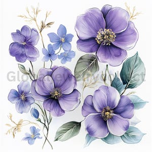 Abstract Flowers Clipart, Purple Flowers, Printable Watercolor Clipart ...