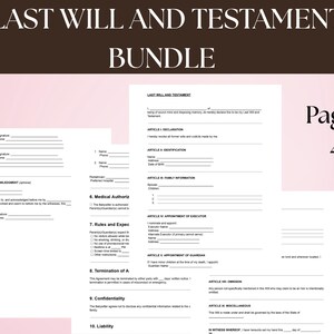 Puede incluir: Un conjunto de documentos legales titulado "LAST WILL AND TESTAMENT BUNDLE". Los documentos incluyen secciones para firmas de testigos, declaraciones e información familiar. La imagen muestra 4 páginas.