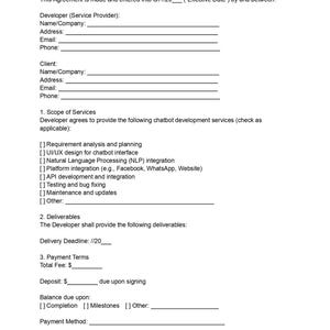 Vorlage für einen Vertrag über Chatbot-Entwicklungsdienstleistungen: KI-Bot-Integration und -Anpassung (bearbeitbare DOC/PDF-Datei)