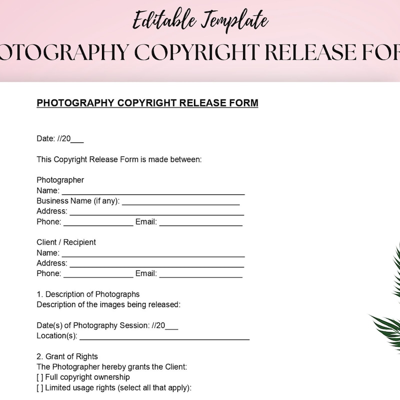 Photo Copyright Release Example Copyright Release - Etsy