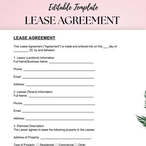 Peut inclure: Un modèle de contrat de location modifiable en blanc avec du texte noir. Le document comprend des sections pour les informations du bailleur et du locataire, et une description des locaux. Les mots "Modèle modifiable" et "CONTRAT DE LOCATION" sont en haut. Fond rose et motif de feuille verte.