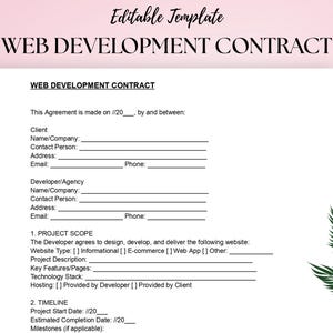 May include: A web development contract template with the title "WEB DEVELOPMENT CONTRACT" at the top. The document includes sections for client and developer information, project scope, and timeline. The background is a light pink with a green leaf design.