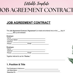 Könnte beinhalten: Eine weiße Vorlage für einen Arbeitsvertrag mit schwarzem Text. Das Dokument enthält Felder für Arbeitgeber- und Arbeitnehmerinformationen, Positionsdetails und die Berichtstruktur. Die Worte "Bearbeitbare Vorlage" stehen oben.