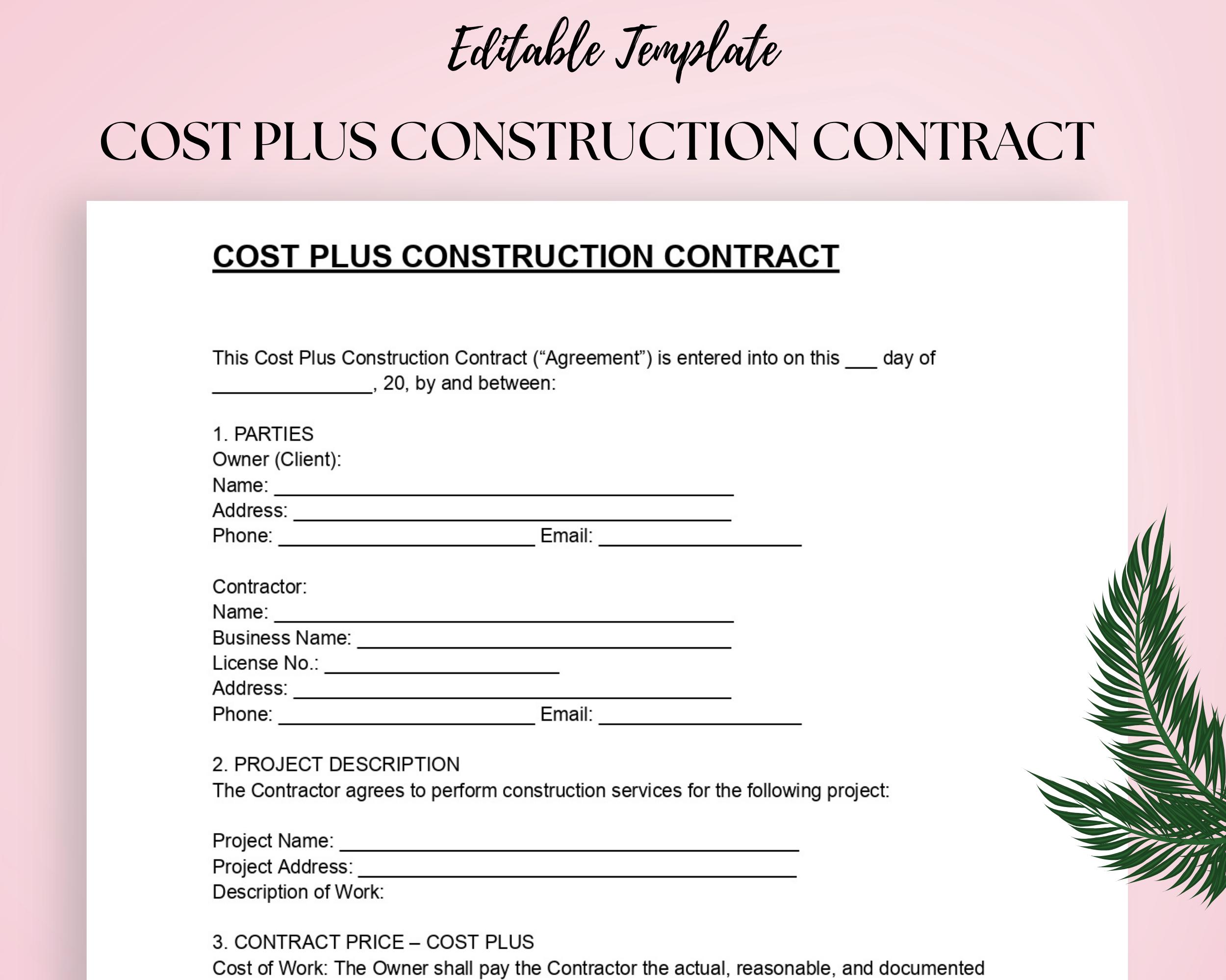 Cost Plus Construction Contract Template | Editable Word and PDF ...
