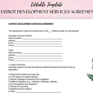 Chatbot development services agreement Template AI Bot Integration & Customization Contract Editable DOC PDF