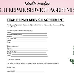 Pode incluir: Um documento branco intitulado "TECH REPAIR SERVICE AGREEMENT" com campos preenchíveis para informações do provedor de serviços e do cliente. O documento inclui seções para o escopo dos serviços, tipo de dispositivo e marca/modelo.