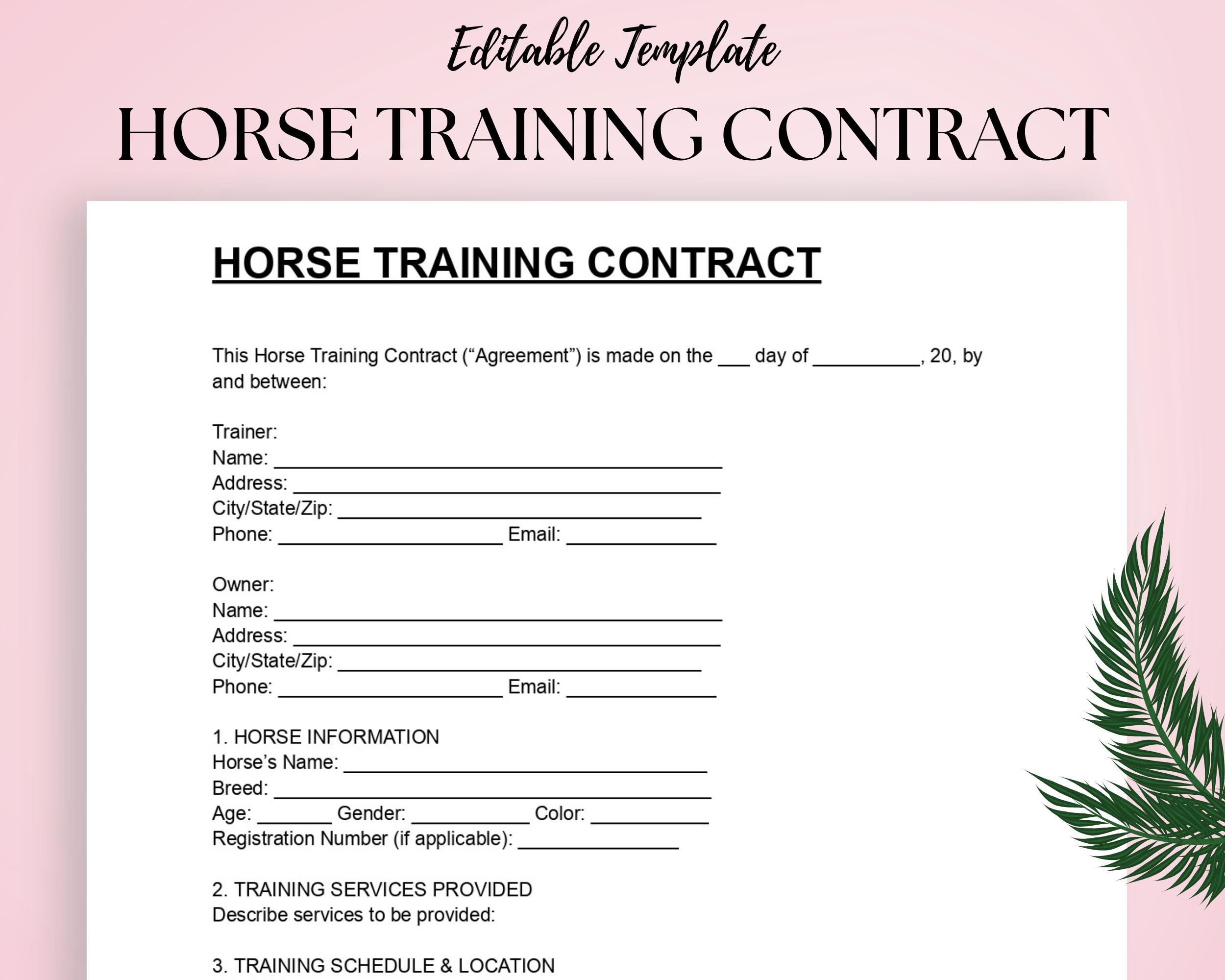 Horse Training Contract Template | Editable DOC &amp; PDF | Equine Trainer and Owner Agreement Form ...
