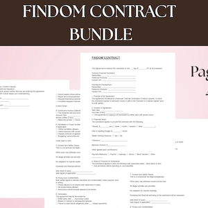 May include: A bundle of four-page "Findom Contract" documents. The documents are printed on white paper with black text. The title "Findom Contract Bundle" is at the top in a dark brown font. The background is a light pink.