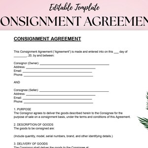 Puede incluir: Una plantilla imprimible de acuerdo de consignación con el título "Consignment Agreement" en negrita, en negro. El documento incluye secciones para los detalles del consignador y del consignatario, el propósito y la descripción de los bienes. El fondo es rosa claro con una hoja decorativa.