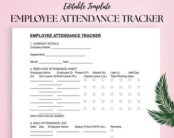 Employee Attendance Tracker Template | Staff Timesheet & Work Hours Log | Editable Word ,PDF Document