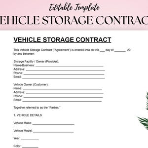 Pode incluir: Um modelo imprimível de contrato de armazenamento de veículos com o título "VEHICLE STORAGE CONTRACT" em preto. O documento inclui campos para a instalação de armazenamento, o proprietário do veículo e os detalhes do veículo. O fundo é rosa claro com um design de folha verde.