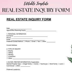 Puede incluir: Una plantilla imprimible de formulario de consulta inmobiliaria con el título "REAL ESTATE INQUIRY FORM" en texto negro. El formulario incluye secciones para información personal, tipo de consulta y detalles de la propiedad. El fondo es blanco con un degradado rosa y una hoja verde.