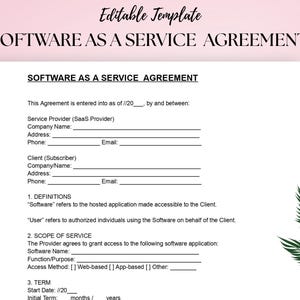 Software as a Service Agreement Template Cloud Software License  Subscription Contract Editable DOC PDF