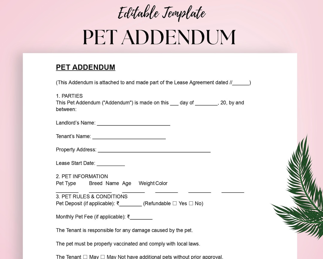 Pet Addendum to Rental Agreement Template | Lease Pet Policy Form ...