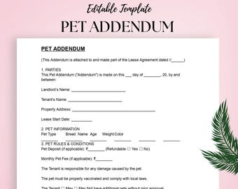 Pet Addendum to Rental Agreement Template | Lease Pet Policy Form | Editable Word & PDF Document