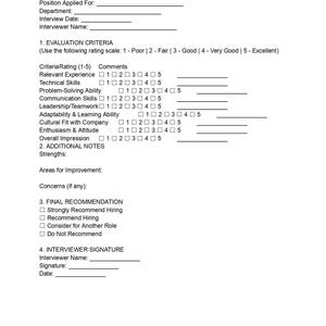 Interview Evaluation Form Template | Candidate Assessment Sheet | Editable PDF & Word Document