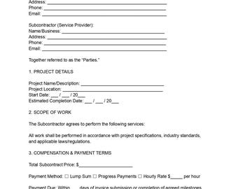 Subcontractor Agreement Template | Independent Contractor Contract | Editable DOC & PDF | Legal Business Form Digital Download