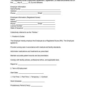 Plantilla de contrato de trabajo para enfermeras tituladas: Documento editable y PDF (descarga digital)