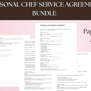 May include: A bundle of four-page Personal Chef Service Agreement forms. The document has a brown header with white text and a pink background. The text "BUNDLE" is in bold. The forms are for professional chefs and clients.