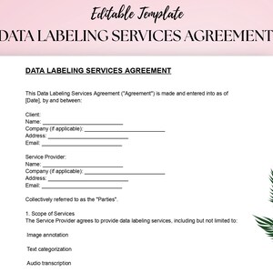 May include: A white document titled "DATA LABELING SERVICES AGREEMENT" with fillable fields for client and service provider information. The document includes sections for image annotation, text categorization, and audio transcription. The document has a pink background with a green leaf design.