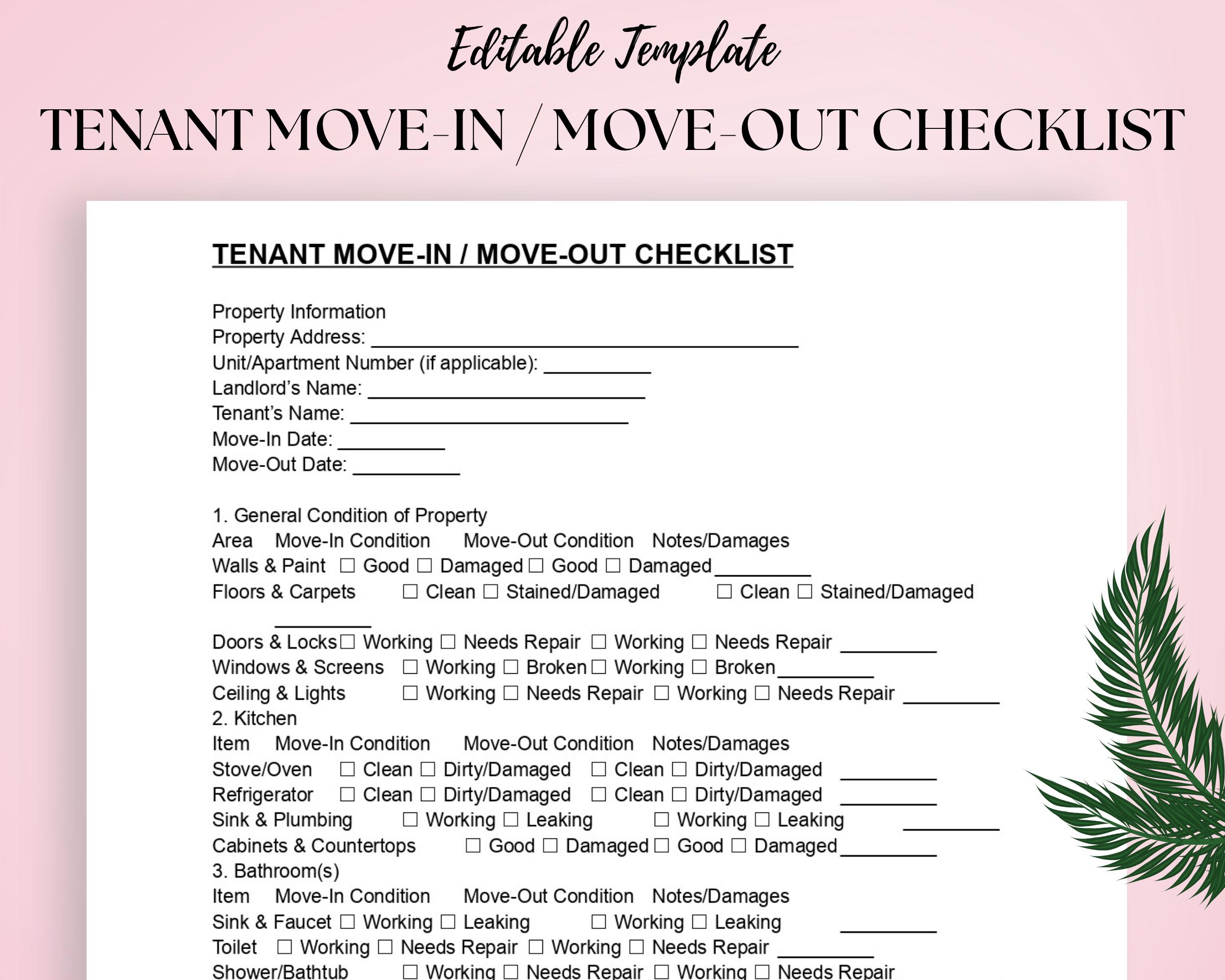 Tenant Movein / Moveout Checklist Template Rental Property