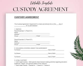Custody Agreement | Child Custody And Parenting Plan Template | Editable Word & PDF