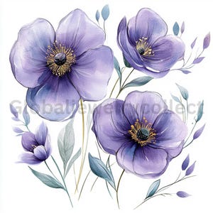 Abstract Flowers Clipart, Purple Flowers, Printable Watercolor Clipart ...