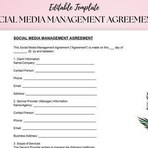 Social Media Management Agreement Template | Client & Manager Contract | Editable Word , PDF Document