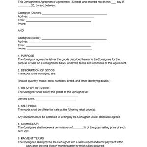 Plantilla de contrato de consignación / Documentos editables en formato DOC y PDF / Contrato entre vendedor y proveedor