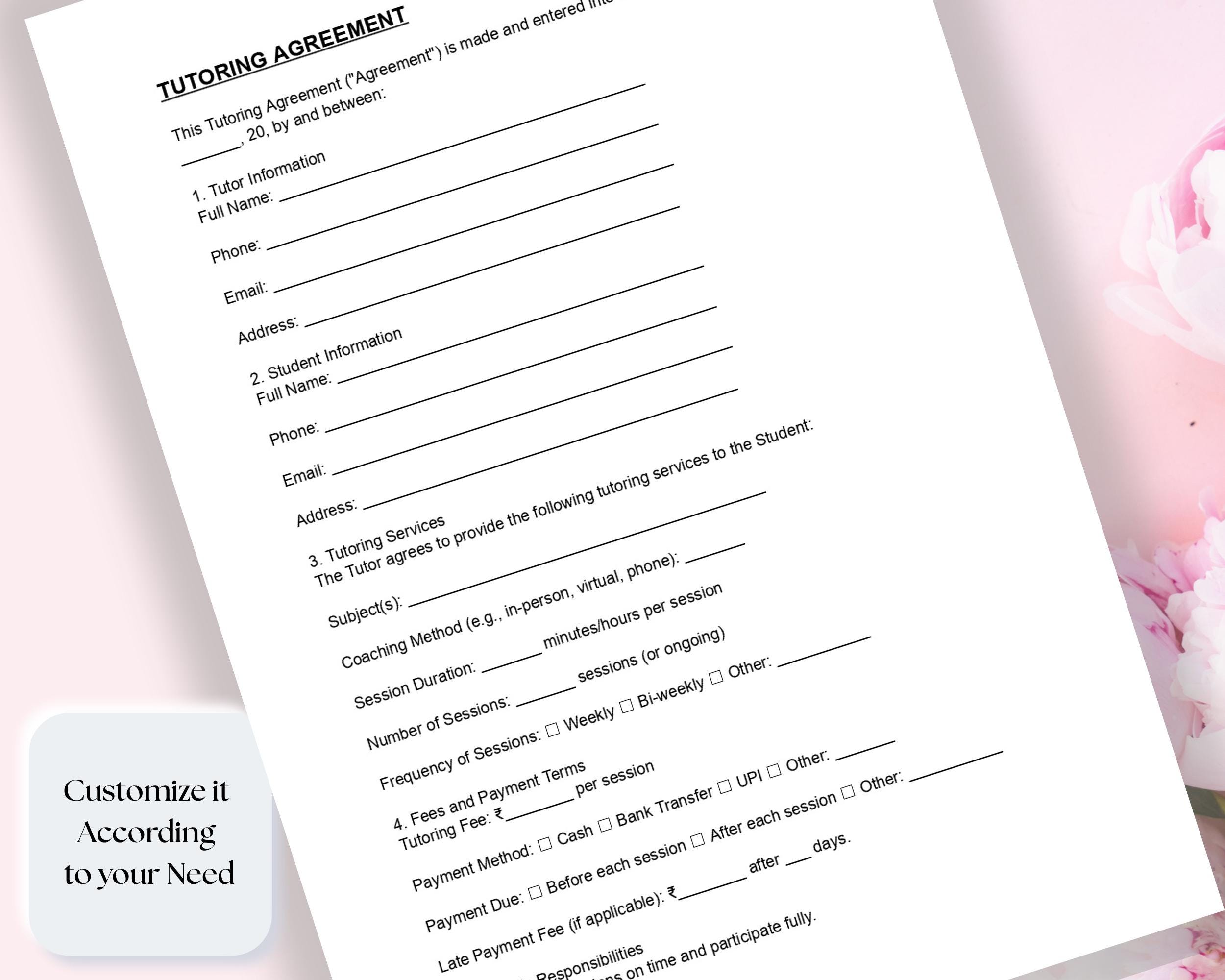 Tutoring Agreement Template | Private Tutor Contract | Editable Word ...