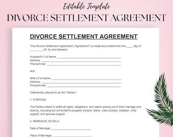 May include: A printable divorce settlement agreement template with the text "DIVORCE SETTLEMENT AGREEMENT" at the top. The document includes fields for names, addresses, and details about the divorce. The background is light pink with a green leaf design.