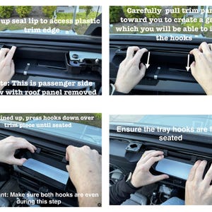 K&ouml;nnte beinhalten: Nahaufnahme des Innenraums eines Autos, die zeigt, wie man ein Dachpaneel installiert. Das Bild zeigt vier Schritte: 1. Ziehen Sie die Dichtungslippe nach oben, um auf die Kunststoffverkleidung zuzugreifen. 2. Ziehen Sie die Verkleidung vorsichtig zu sich hin, um einen Spalt zu schaffen, in den die Haken eingesetzt werden k&ouml;nnen. 3. Dr&uuml;cken Sie die Haken nach dem Ausrichten nach unten auf das Verkleidungsteil, bis sie einrasten. 4. Stellen Sie sicher, dass die Haken der Schale vollst&auml;ndig eingerastet sind. Achten Sie darauf, dass beide Haken w&auml;hrend dieses Schritts auf gleicher H&ouml;he sind.
