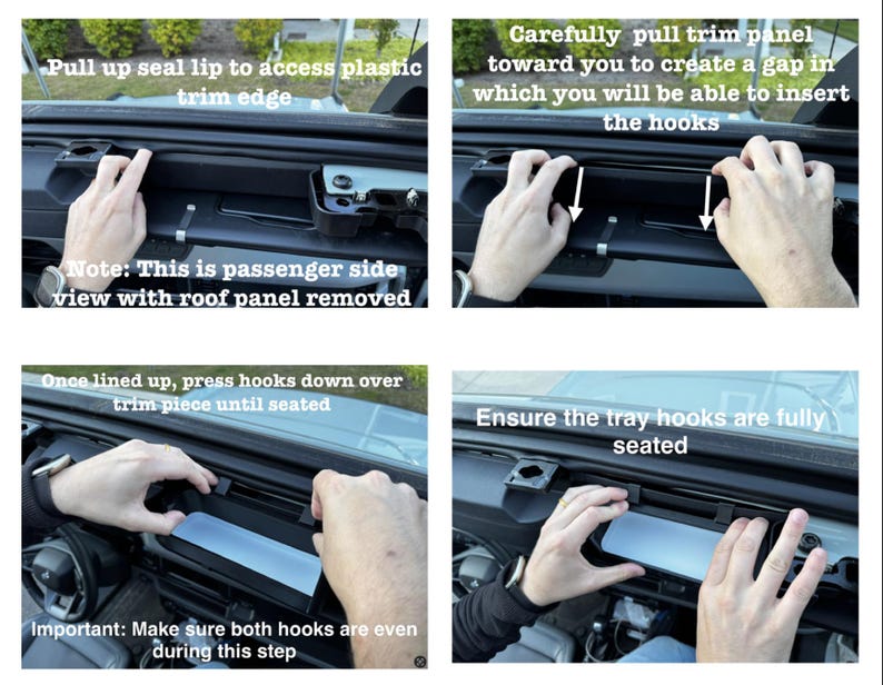 K&ouml;nnte beinhalten: Nahaufnahme des Innenraums eines Autos, die zeigt, wie man ein Dachpaneel installiert. Das Bild zeigt vier Schritte: 1. Ziehen Sie die Dichtungslippe nach oben, um auf die Kunststoffverkleidung zuzugreifen. 2. Ziehen Sie die Verkleidung vorsichtig zu sich hin, um einen Spalt zu schaffen, in den die Haken eingesetzt werden k&ouml;nnen. 3. Dr&uuml;cken Sie die Haken nach dem Ausrichten nach unten auf das Verkleidungsteil, bis sie einrasten. 4. Stellen Sie sicher, dass die Haken der Schale vollst&auml;ndig eingerastet sind. Achten Sie darauf, dass beide Haken w&auml;hrend dieses Schritts auf gleicher H&ouml;he sind.