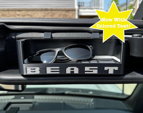 Black ABS Plastic Sunglass Tray W/Colored Text For 2021+ Ford Bronco.