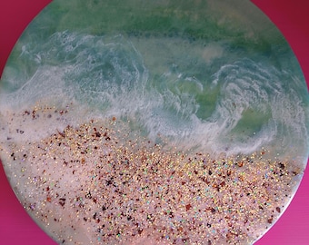 Ocean beach poured resin lazy susan