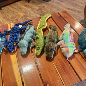 May include: A collection of plush reptile toys, including snakes, alligators, and a chameleon, in various colors such as blue, green, and brown. The toys are arranged on a wooden surface.