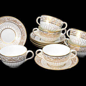 Antique Boullion Bowls Porcelain Cauldon England Set of 6 UNUSED Near Mint, Hunting
