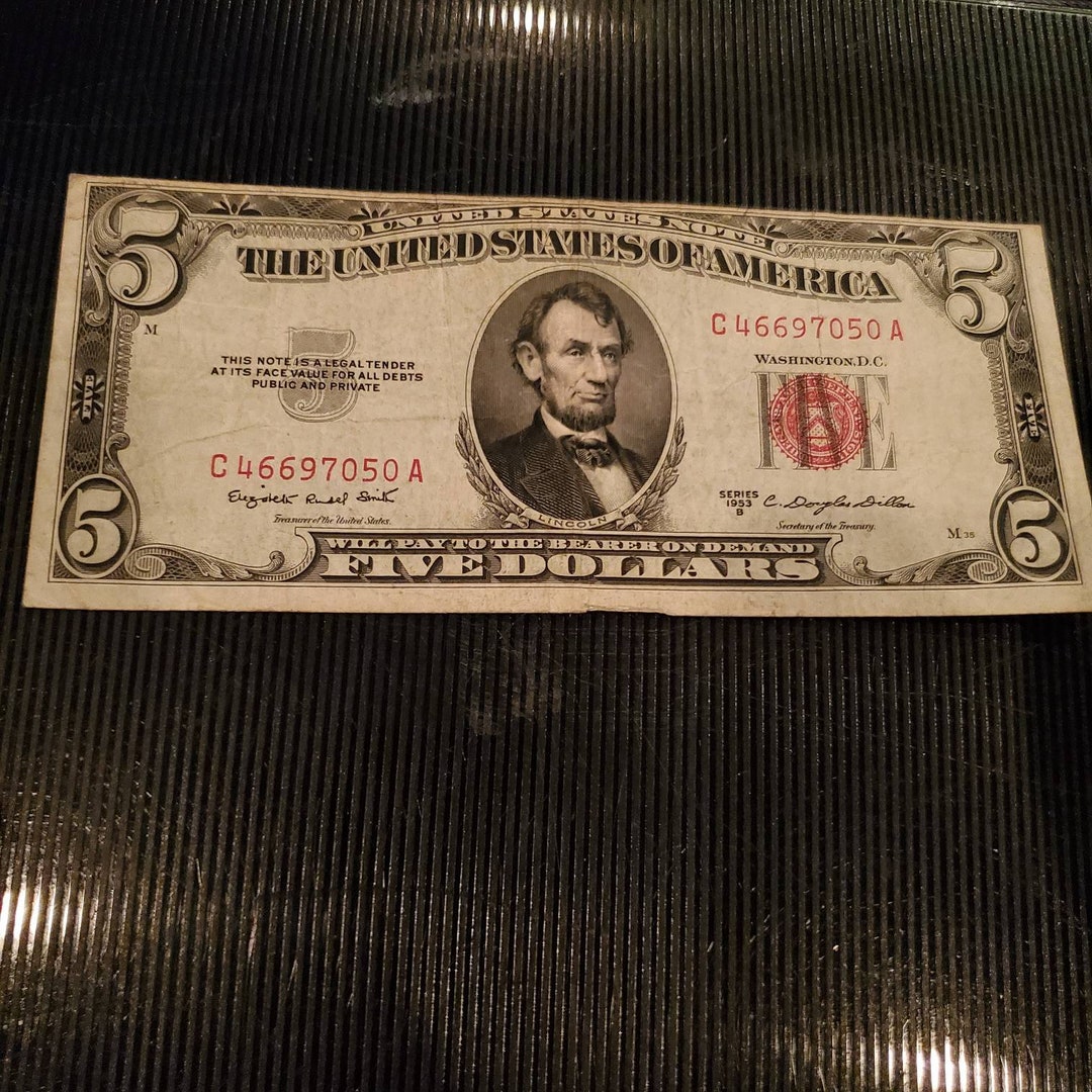1953 Red Seal Five Dollar Bill Etsy red-seal-five-dollar-bills