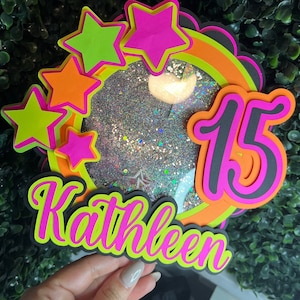 Glow in the Dark, Birthday Party, Neon Cake Topper, Holographic Party Decorations, Metallic Topper, First Birthday, Hot Pink Teen Party