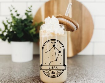 libra constellation libbey glass, iced coffee glass, horoscope, gifts for her, coffee glass, drinkware, beer can glass