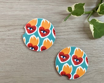 Flaming Heart & Eye Car Coaster, Cute Car Coasters, Car Accessories, Gifts for Her, Set of Two