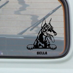 Calcomanía de perro con nombre personalizado doberman, calcomanía de coche, cara de perro, perros, vinilo, ordenador portátil, hidrofrasco, teléfono, todoterreno, camión, barco, motocicleta, pegatina