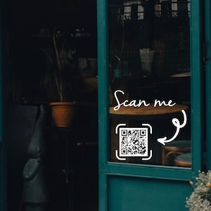 personalized qr code decal, custom window qr code, storefront qr code vinyl decal, store hours, business logos, signage, custom advertising