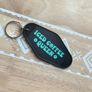 Porte-clés motel vintage reine du café glacé, porte-clés rétro, porte-clés motel, tendance, cadeaux pour elle, accessoires de voiture, amateur de café